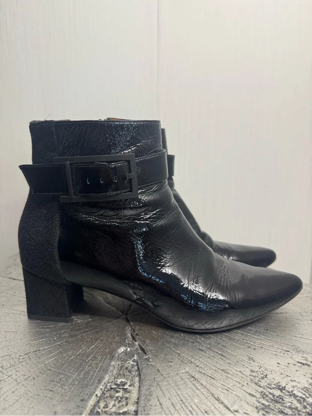 Aquatalia Phyllis Ankle Boots. Black Naplack Patent Leather. Size 9.